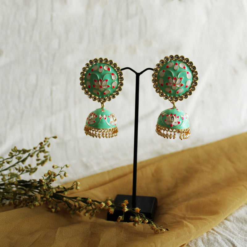 Drop Shape Party Wear Ladies Sea Green Alloy Stone Jhumka Earrings, Size:  4inch (length) at Rs 300/pair in Mumbai